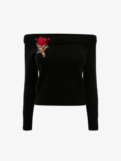 Alexander McQueen Off-the-shoulder Embroidered Knit Top in Black
