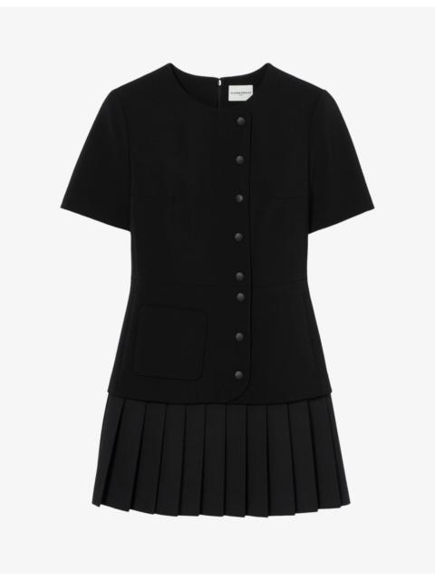 Claudie Pierlot Button-Embellished Pleated-Hem Woven Mini Dress