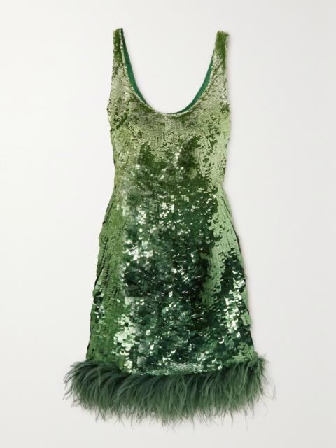 Valentino Feather-trimmed sequined satin mini dress Green