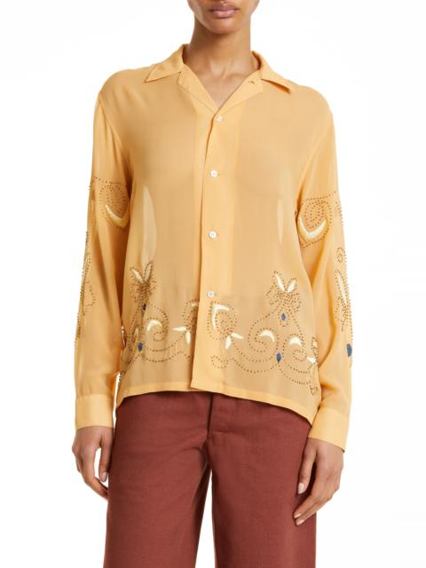 Beaded Cantaloupe Silk Georgette Button-Up Shirt