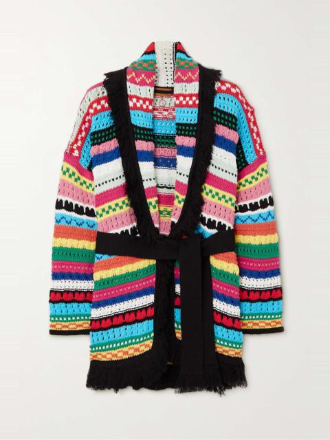 Over The Horizon striped belted open-knit cotton cardigan