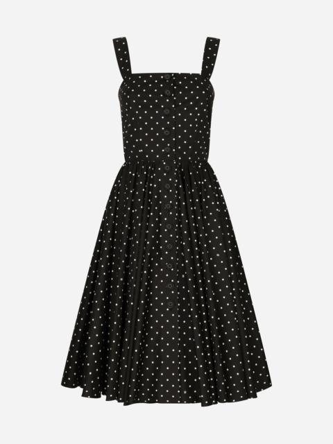 Calf-length cotton dress with polka-dot print