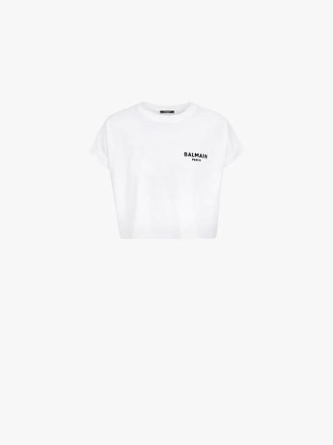 Balmain Cropped white cotton T-shirt with flocked black Balmain logo