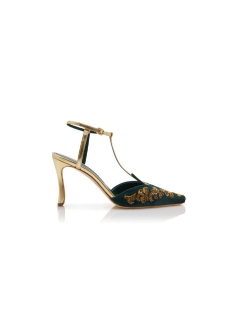 Manolo Blahnik Dark Green Velvet and Gold T-Bar Pumps
