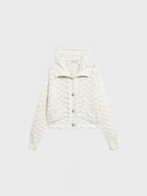 LACE-STITCH KNIT BOMBER JACKET WITH HOOD