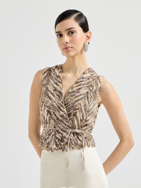 Dazzling chevron embroidery vest in paper yarn, linen and silk