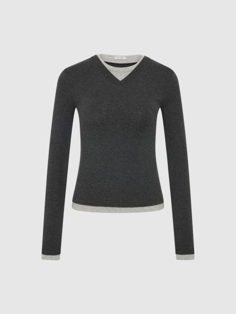 ST. AGNI Organic Cotton V Neck Long Sleeve Top - Charcoal Melange