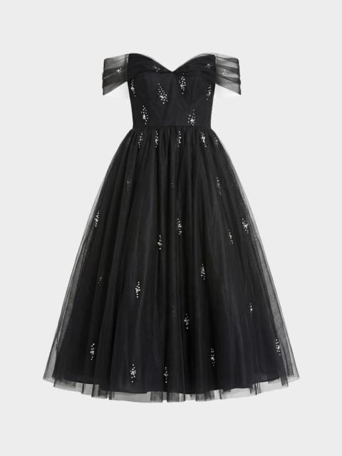 MAC DUGGAL Embellished Off-The-Shoulder Cocktail Midi Dress