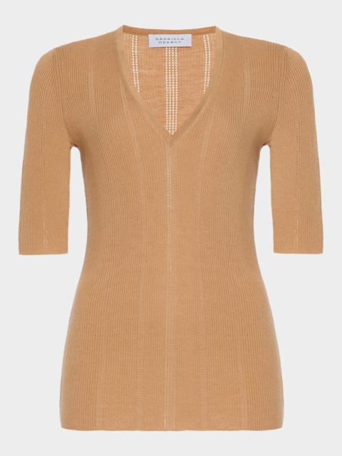 GABRIELA HEARST Amari V-Neck Pointelle Rib Short-Sleeve Top