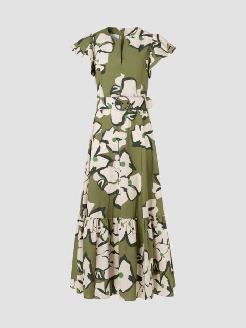 AKRIS Women's Floral Cotton Belted Midi Dress - Green Tea Cream Olive