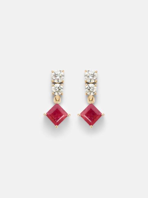 STONE AND STRAND 14kt gold (585/1000) earrings with diamonds, pink sapphire, and ruby