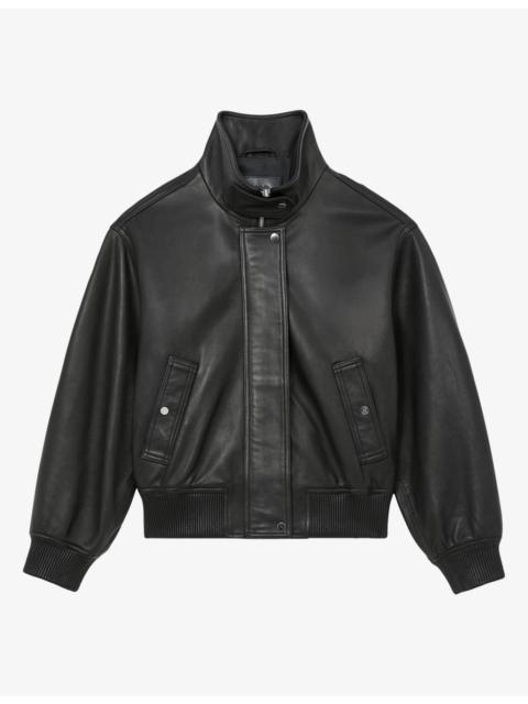 REISS Cara Funnel-Neck Leather Bomber Jacket