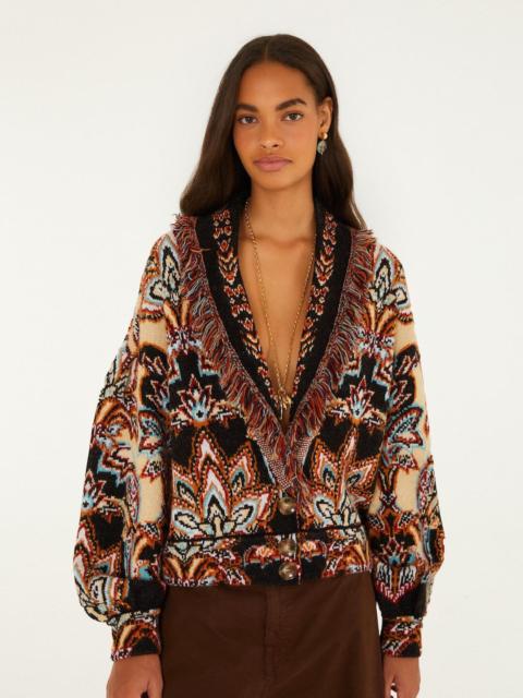 FARM RIO Tapestry Dream Fringe Knit Cardigan