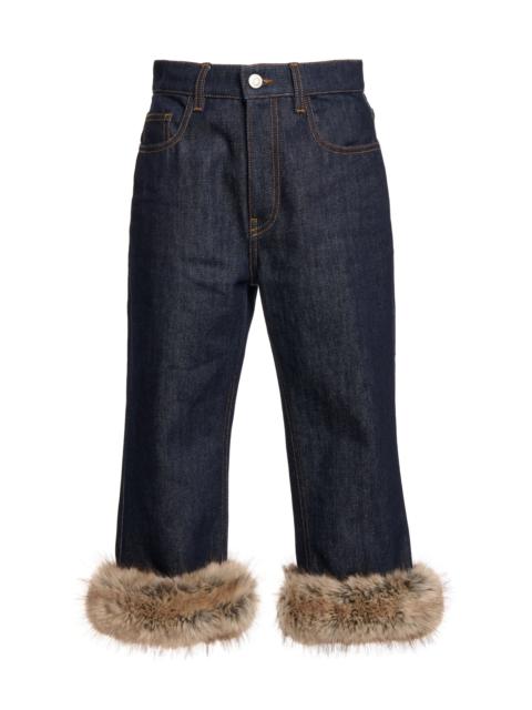 Faux-Fur-Trimmed Denim Capri Pants dark wash