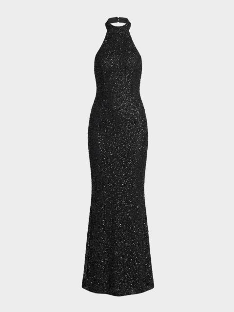 MAC DUGGAL Backless Beaded Halter Gown