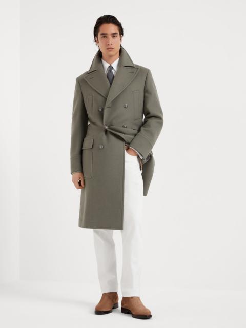 Wool double beaver cloth one-and-a-half-breasted coat with patch pockets and metal buttons
