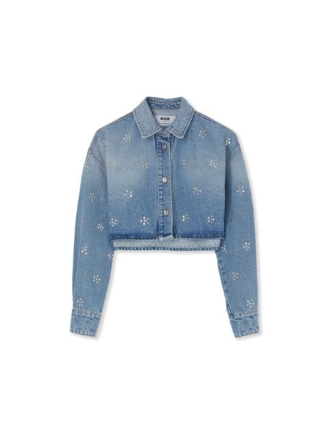 MSGM Blue denim  crop shirt with rhinestone daisy application