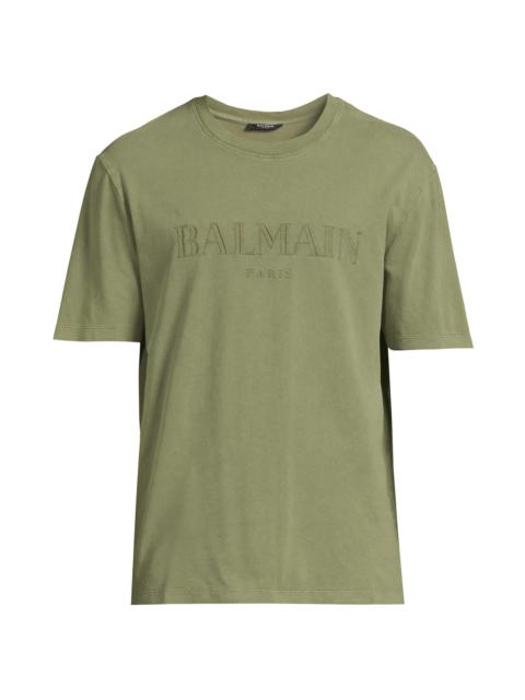 Balmain Men's Logo-Embroidered Cotton T-Shirt - Kaki
