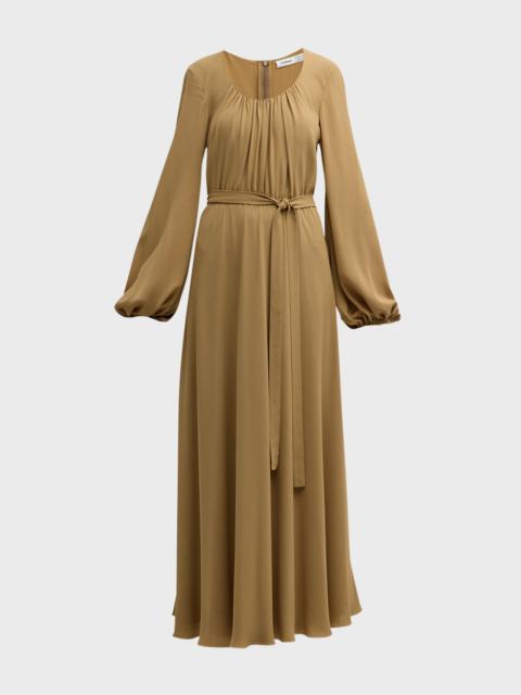 x Atelier Jolie Scoop-Neck Long-Sleeve Belted Silk Maxi Dress