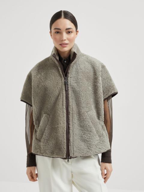 Brunello Cucinelli Curly shearling short sleeve outerwear jacket with shiny zipper pull