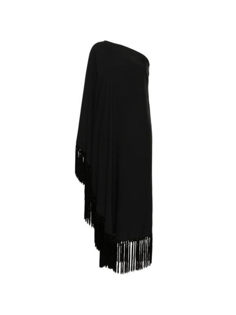 one-shoulder fringed midi dress