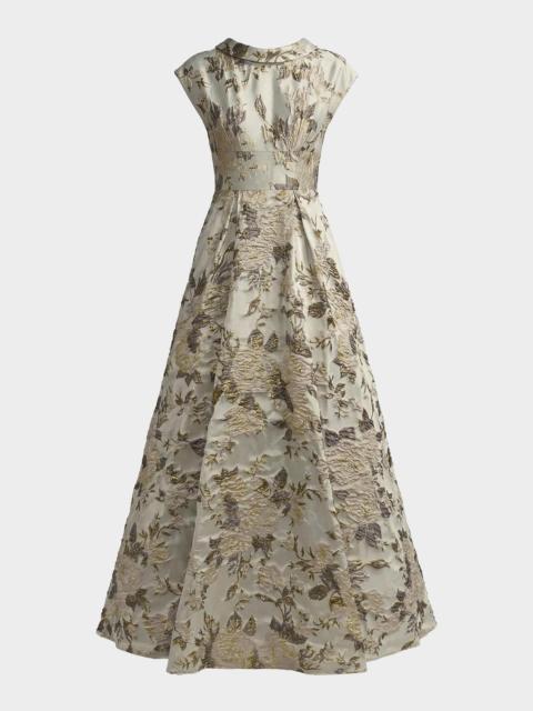 MAC DUGGAL Pleated Floral Brocade A-Line Gown