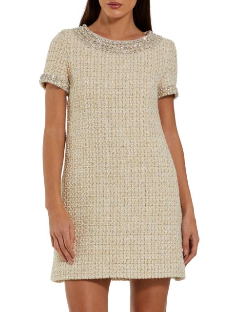 MAC DUGGAL Women's Short Sleeve Bouclé Minidress With Beading Detail - Ivory Gold