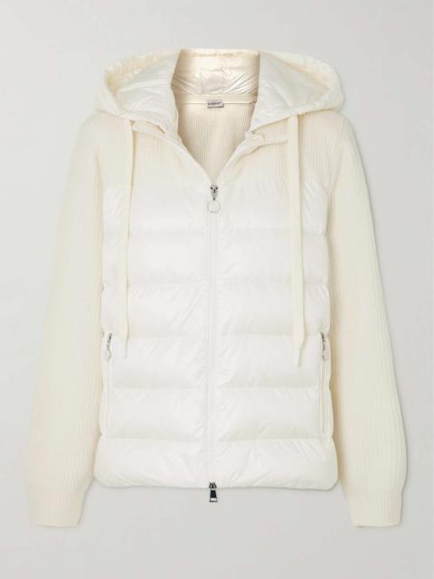 Ribbed wool and quilted shell down hoodie