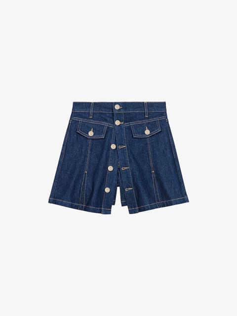 Flared mid-rise stretch-denim skort