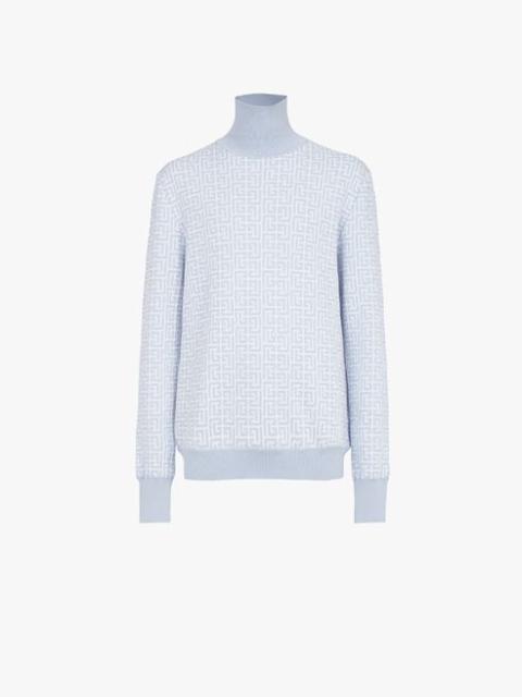 Balmain Pale blue and white wool and linen monogrammed turtleneck