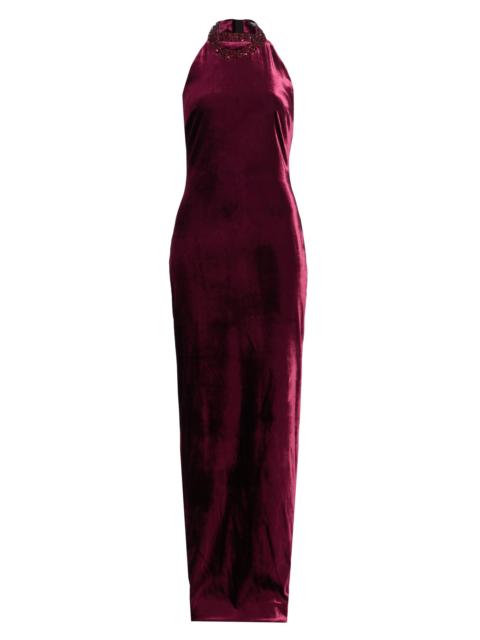 Balmain Women's Embellished Halterneck Velvet Gown - Bordeaux Noir