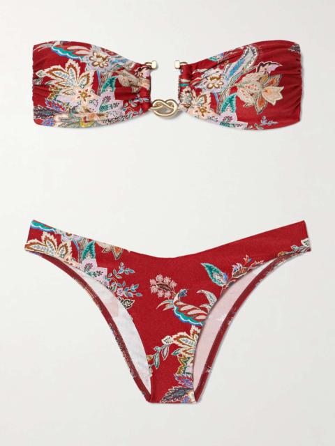 Rhiannon embellished printed bandeau bikini Red