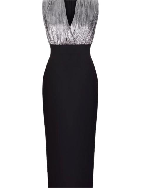 RASARIO DRAPED PLEATED JERSEY & CREPE MIDI DRESS