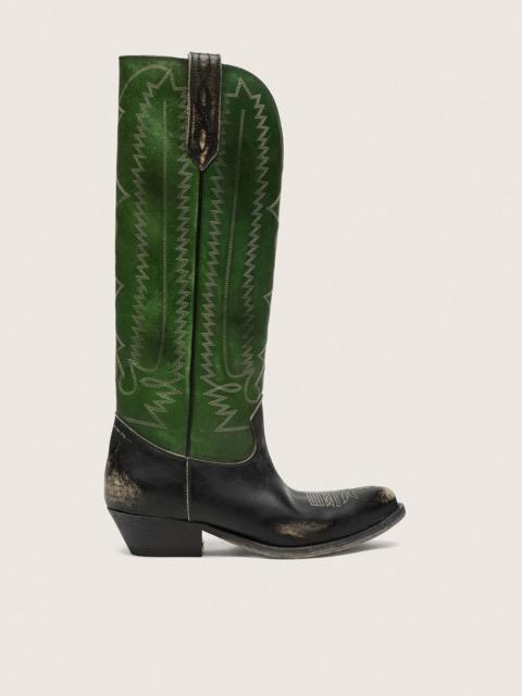 Golden Goose Women's high Wish Star boots in black leather with green leather leg and white embroidery
