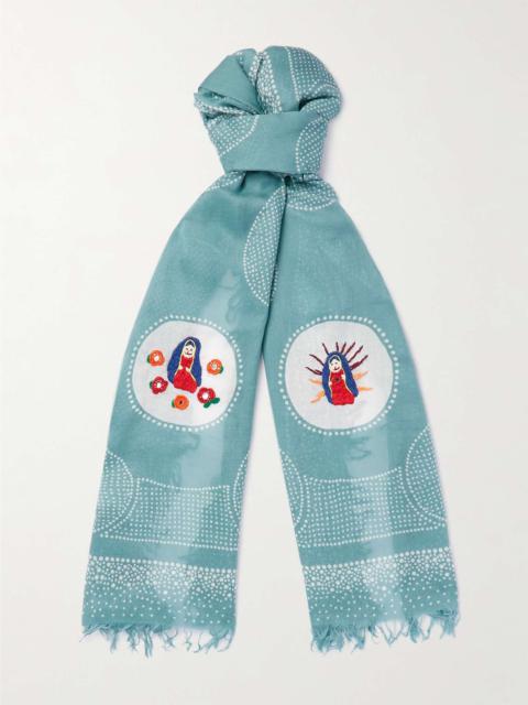 Embroidered Fringed Printed Voile Scarf