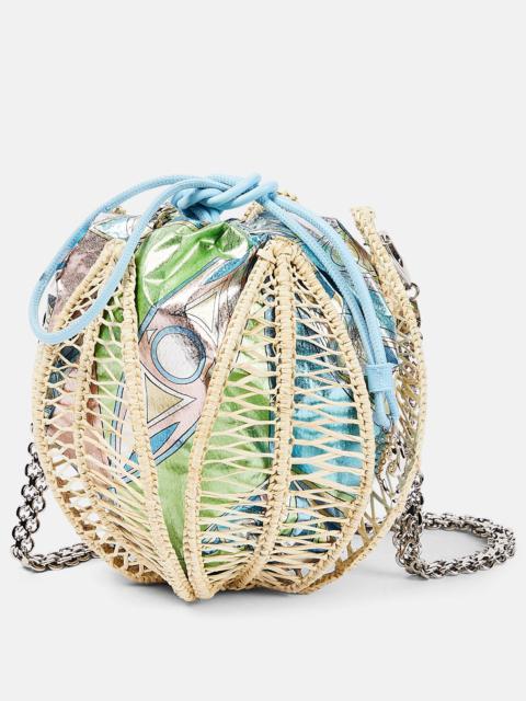 Raffia leather-trimmed bucket bag