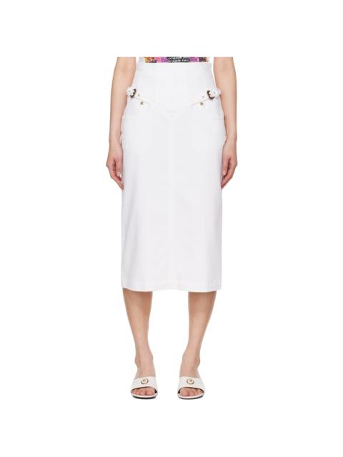 VERSACE JEANS COUTURE White Baroque Buckle Denim Midi Skirt