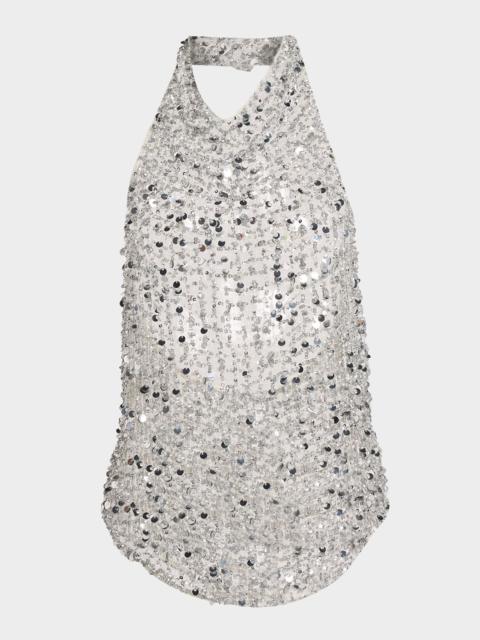 LAPOINTE Sequined Net Mesh Halter Top