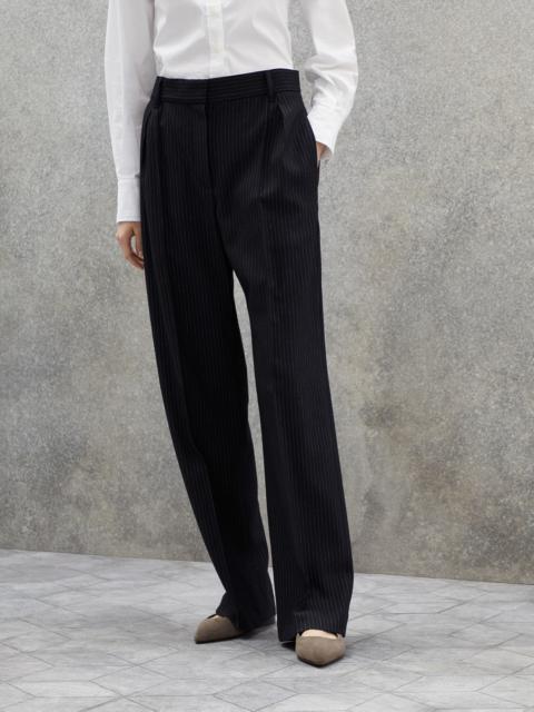 Comfort virgin wool pinstripe loose sartorial trousers with monili