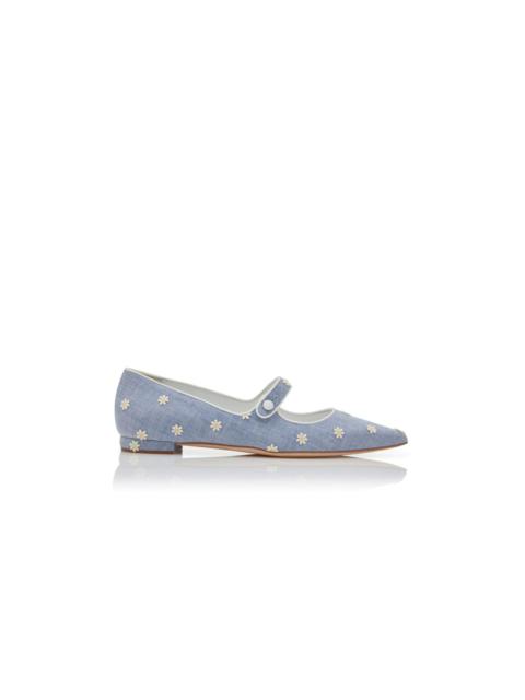 Blue and White Chambray Daisy Flat Pumps