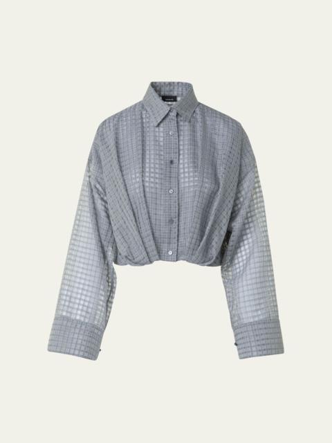 AKRIS Plaid Cotton Voile Blouse with Pleated Waist