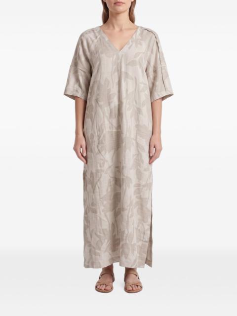 Brunello Cucinelli maxi leaf-pattern V-neck dress