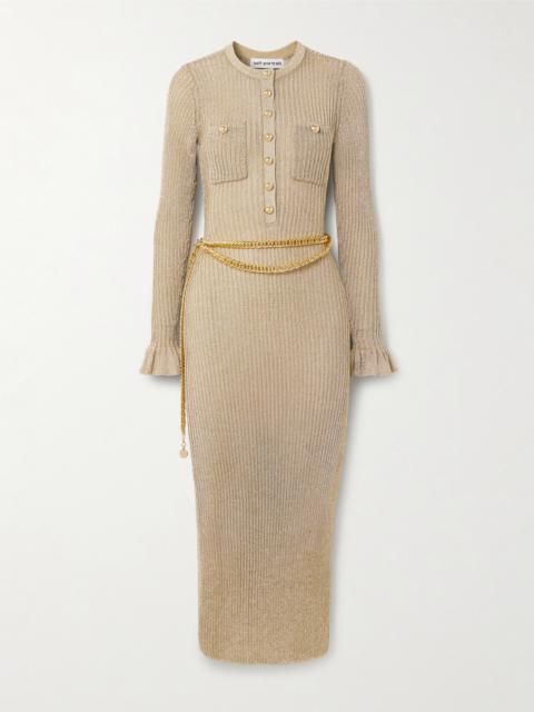 self-portrait Belted Ruffled Metallic Ribbed-knit Midi Dress