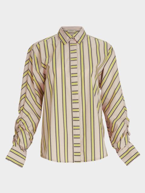 SILVIA TCHERASSI Caritina Striped Ruched-Sleeve Button-Down Blouse