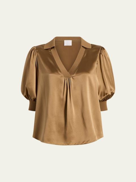Cinq à Sept Weldon Collared V-Neck Short-Sleeve Silk Combo Top