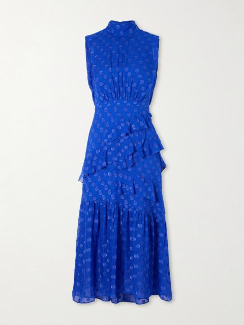 SALONI Fleur Polka-dot Ruffled Fil Coupé Silk-blend Crepe De Chine Midi Dress