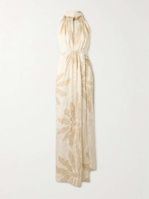 Summer Counts pleated printed satin-jacquard halterneck maxi dress