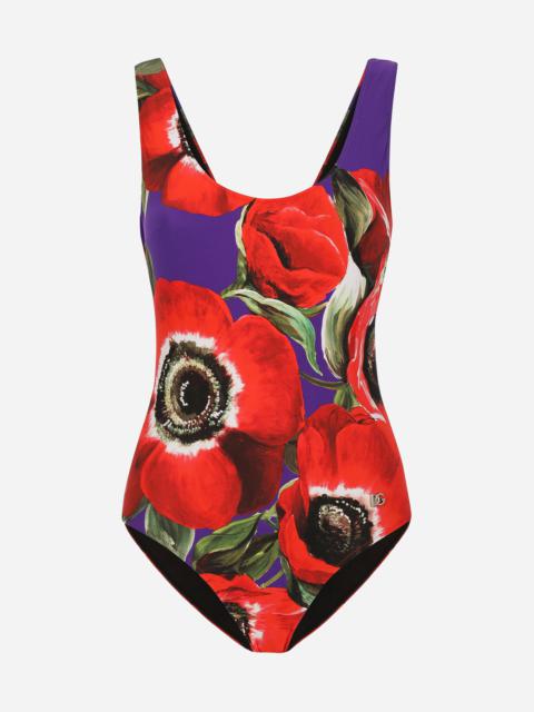 Racing swimsuit with anemone print