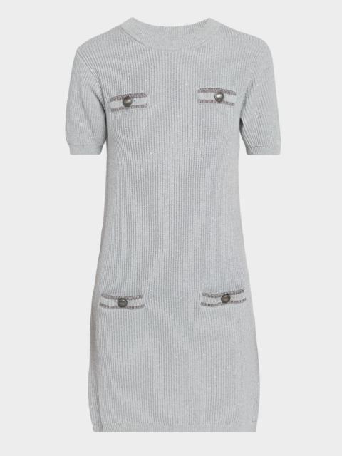 Brunello Cucinelli Pockets Short-Sleeve Shimmering Cotton Knit Mini Dress