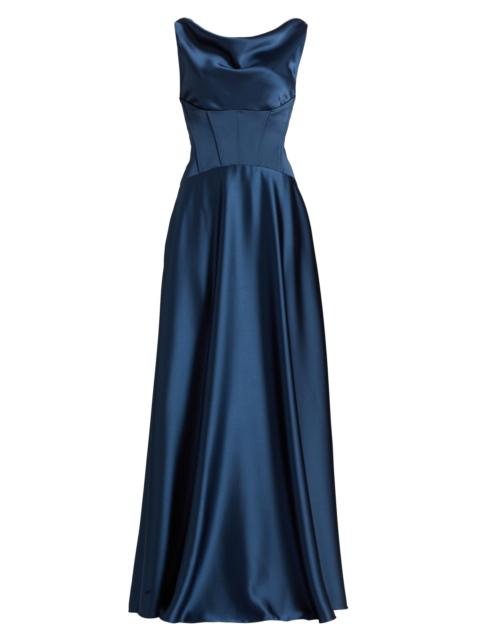 AMSALE Women's Satin Cowl Neck Gown - French Blue